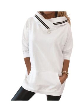 Exclusive White Asymetric Zipper Collar Pullover Sweater Women’s Size Large